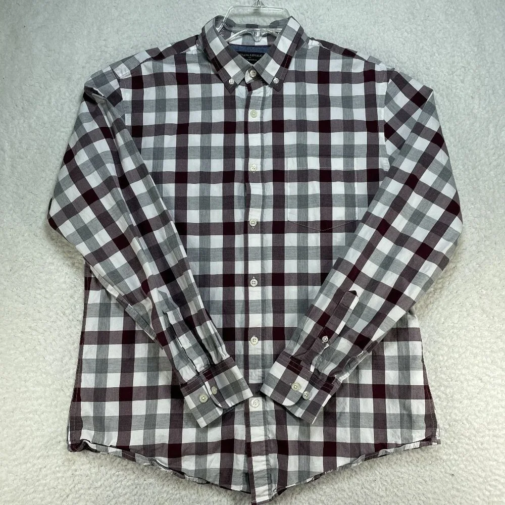 Banana Republic Shirt Mens Sz Large Red Gray Check Soft Wash Slim Fit Shirt